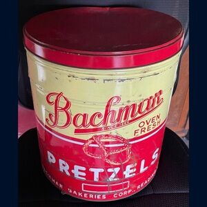 Bachman Pretzel Huge Vintage Tin Container Classic Retro Throwback Branding Old.